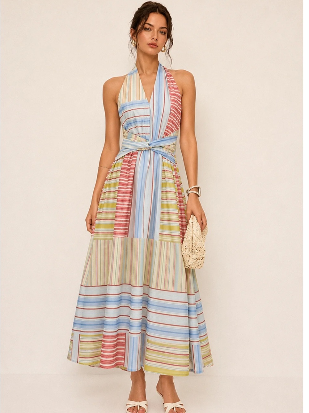 Commense Striped Halter Tie-Waist Maxi Dress in Multicolor XS